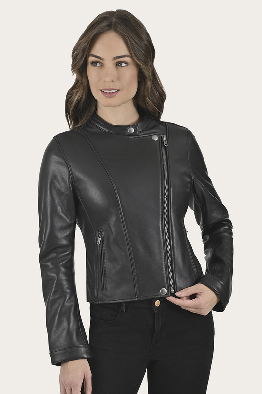 Women’s Black Heathe Leather Racer Jacket | Frye Classic