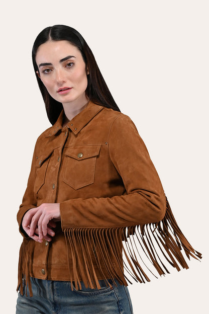Women’s Medium Brown Nash Fringed Suede Trucker Jacket | Frye Premium