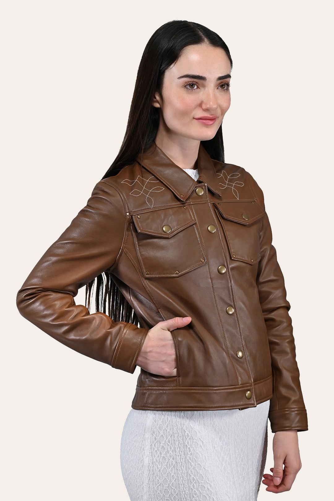 Women’s Medium Brown Callum Trucker Leather Jacket | Frye Featured