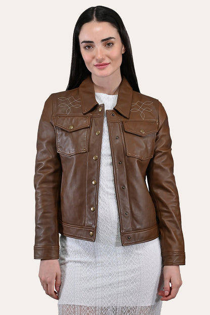 Women’s Medium Brown Callum Trucker Leather Jacket | Frye Featured