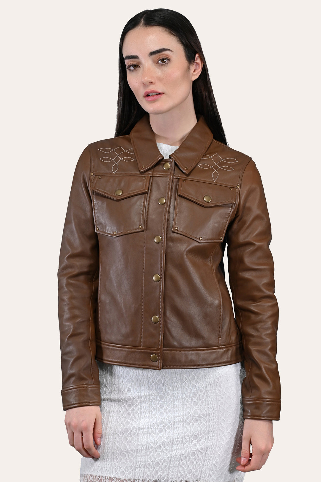 Women’s Medium Brown Callum Trucker Leather Jacket | Frye Featured