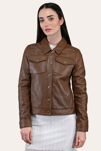 Women’s Medium Brown Callum Trucker Leather Jacket | Frye Featured