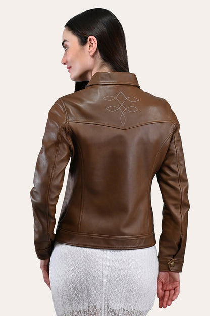 Women’s Medium Brown Callum Trucker Leather Jacket | Frye Featured
