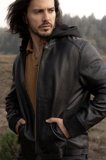 Men’s Black Saddle Racer Leather Hooded Jacket | Frye Classic